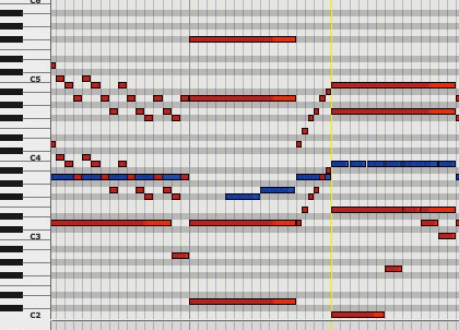 赤のMIDIノートがストリングスの各楽器のもので、青のMIDIノートがシンセで打ち込んだ歌メロのもの。歌メロをシンセなどで打ち込んでおけば、歌と楽器のメロディの関係が画面のように視覚的に確認できる