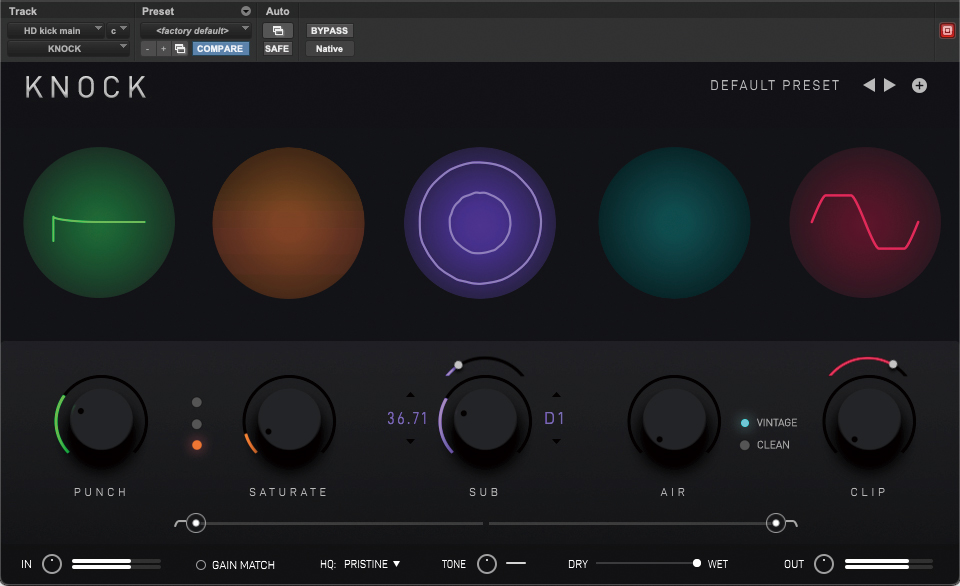 キックに使用したドラム向けマルチエフェクト・プラグインのPLUGINS THAT KNOCK Knock。「Horizon Dreamer」のキックは3種類のキックを重ねており、それぞれ不要な帯域をEQ処理した後にKnockを通してパンチを付加している