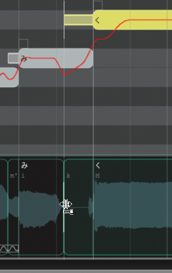 波形上でドラッグすることで発音の長さを変えている様子。そのほか、ピッチの曲線をピアノロール上で書けるなど、エディットの利便性が向上している