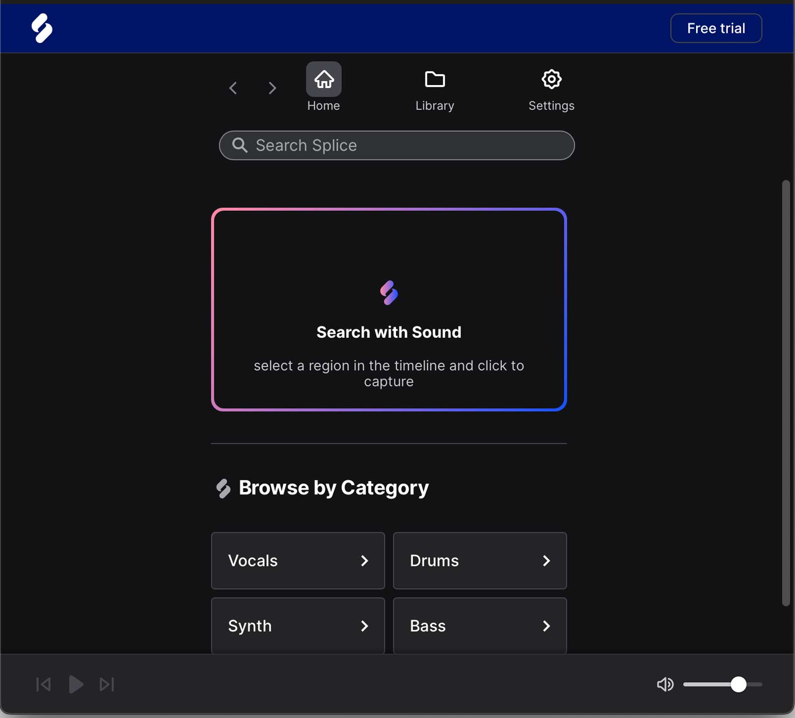 Pro ToolsのSpliceウィンドウ。中央の「Search with Sound」にオーディオクリップをドラッグ＆ドロップすると、Spliceから条件にかなうサンプルをAIが探し出してくれる