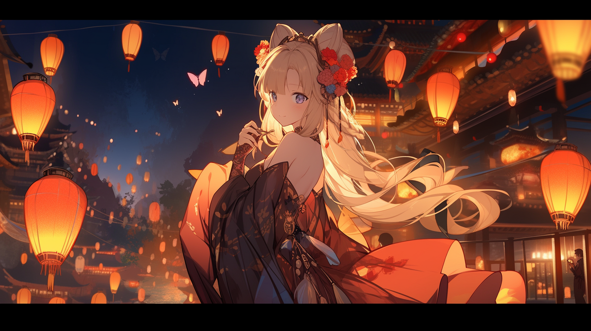 和風の服を着た白髪ロングヘアの女の子