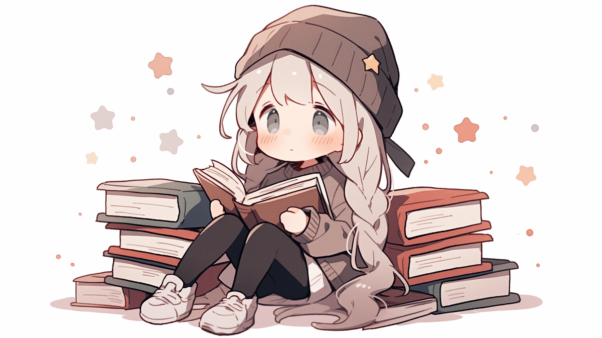 本を読んでいるちびキャラの女の子