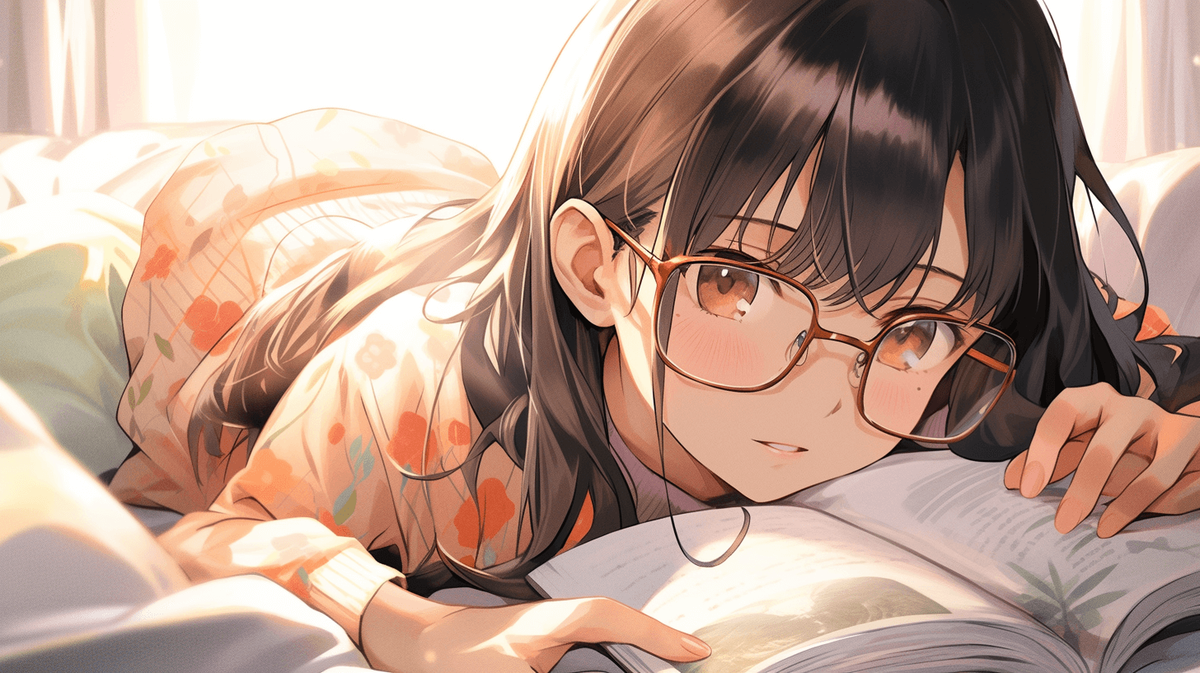 本を読んでいるメガネをかけた女の子