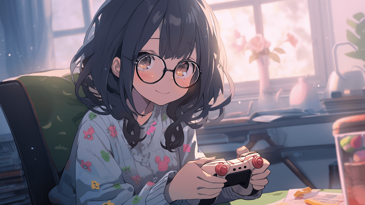 ゲームをしているメガネをかけた女の子