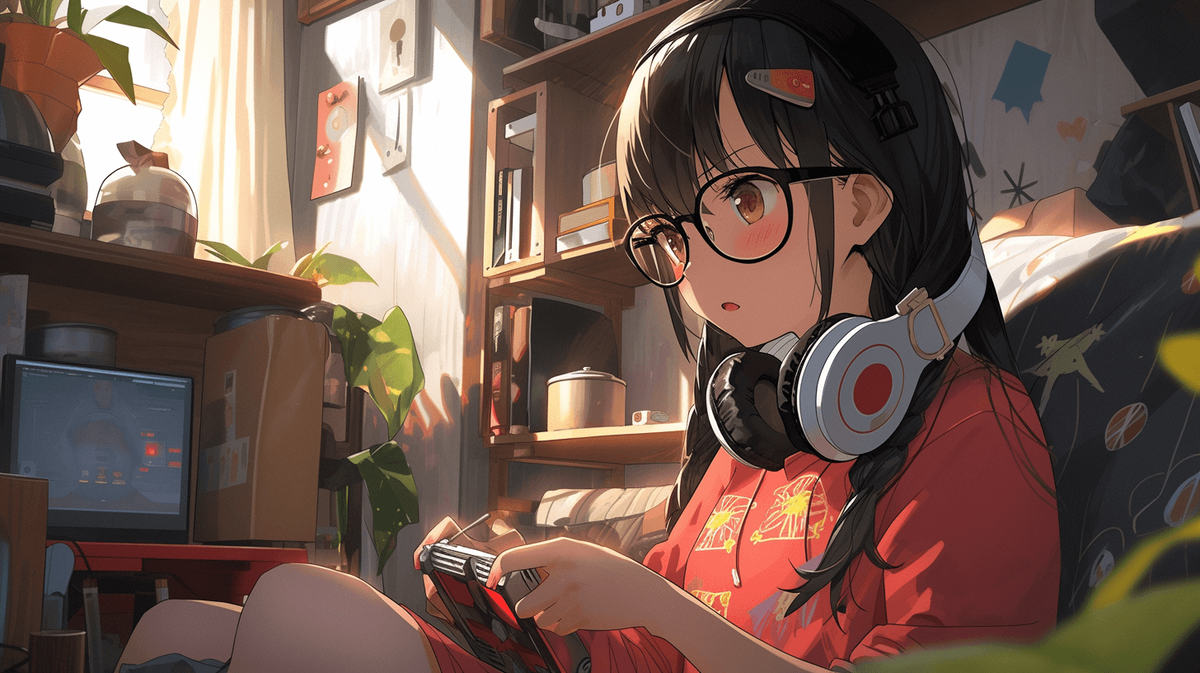 ゲームをしているメガネをかけた女の子