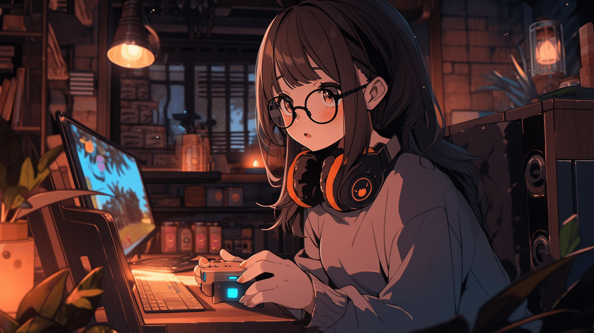 ゲームをしているメガネをかけた女の子