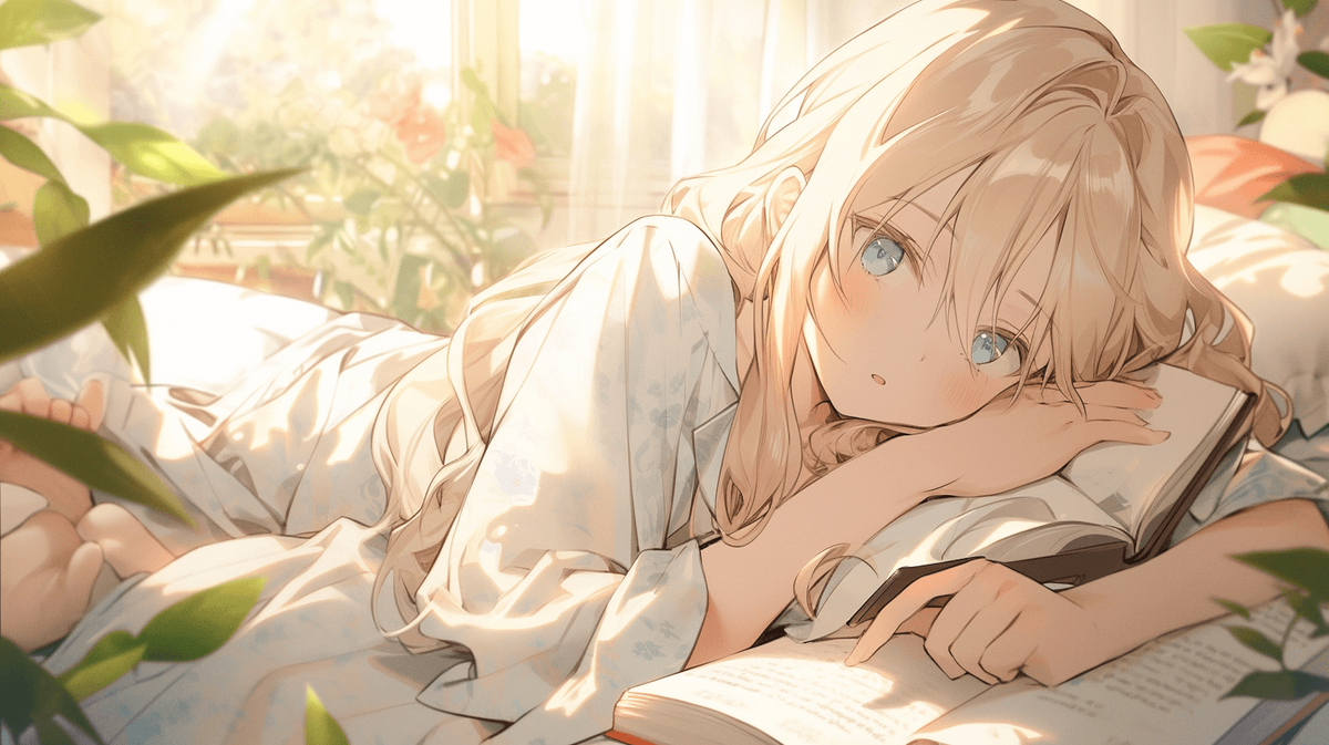 本を読んでいる金髪ロングヘアの女の子