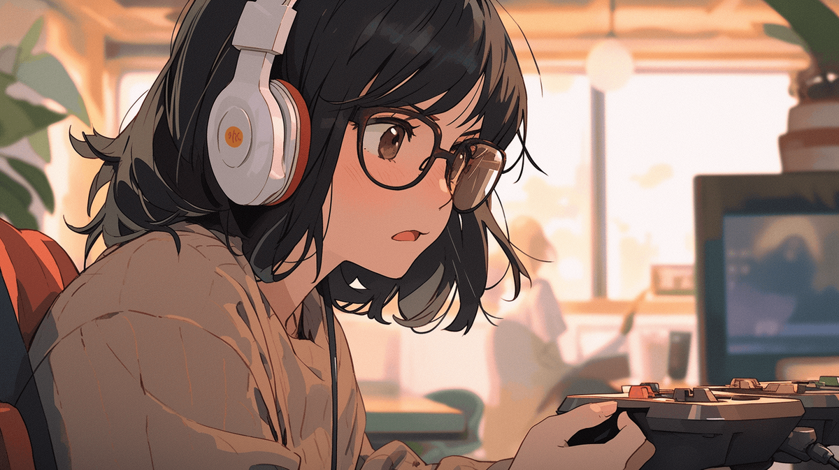 ゲームをしているメガネをかけた女の子