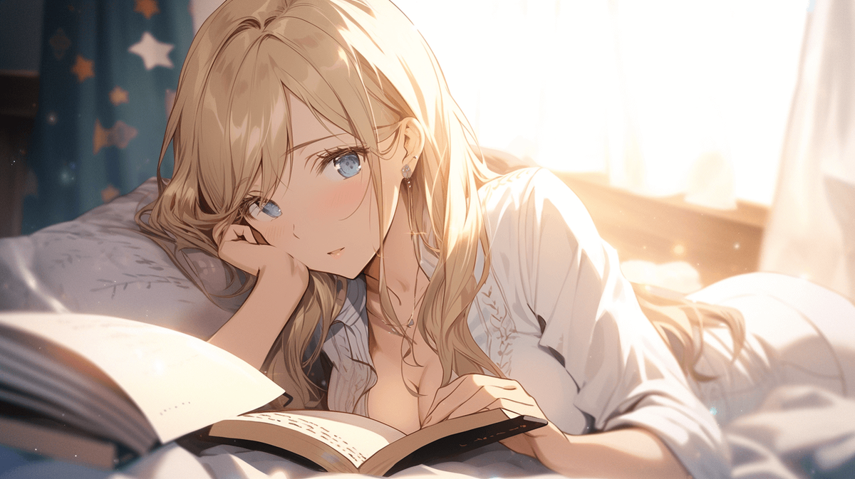 本を読んでいる金髪ロングヘアの女の子