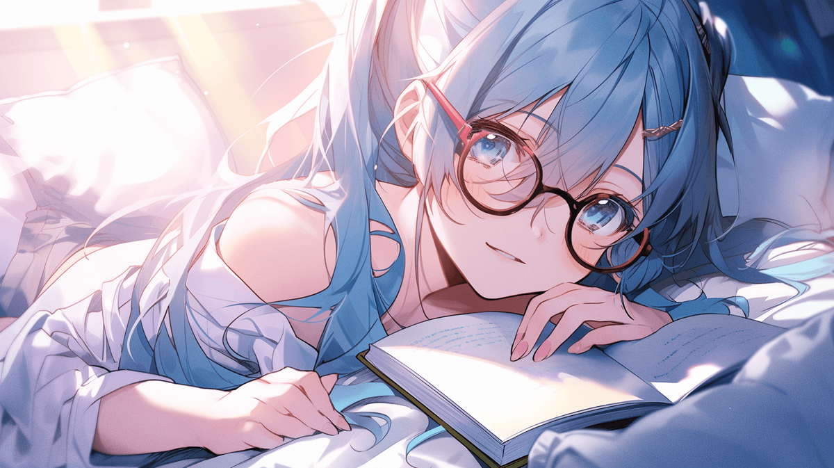 本を読んでいる青髪のメガネをかけた女の子
