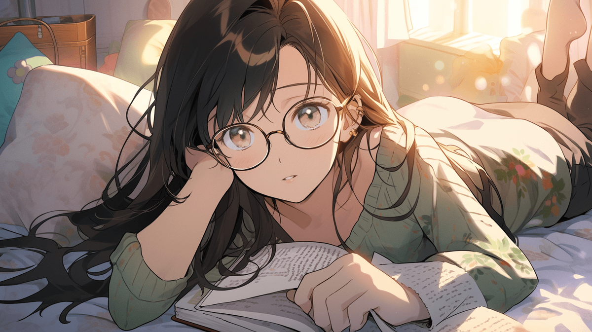 本を読んでいるメガネをかけた女の子