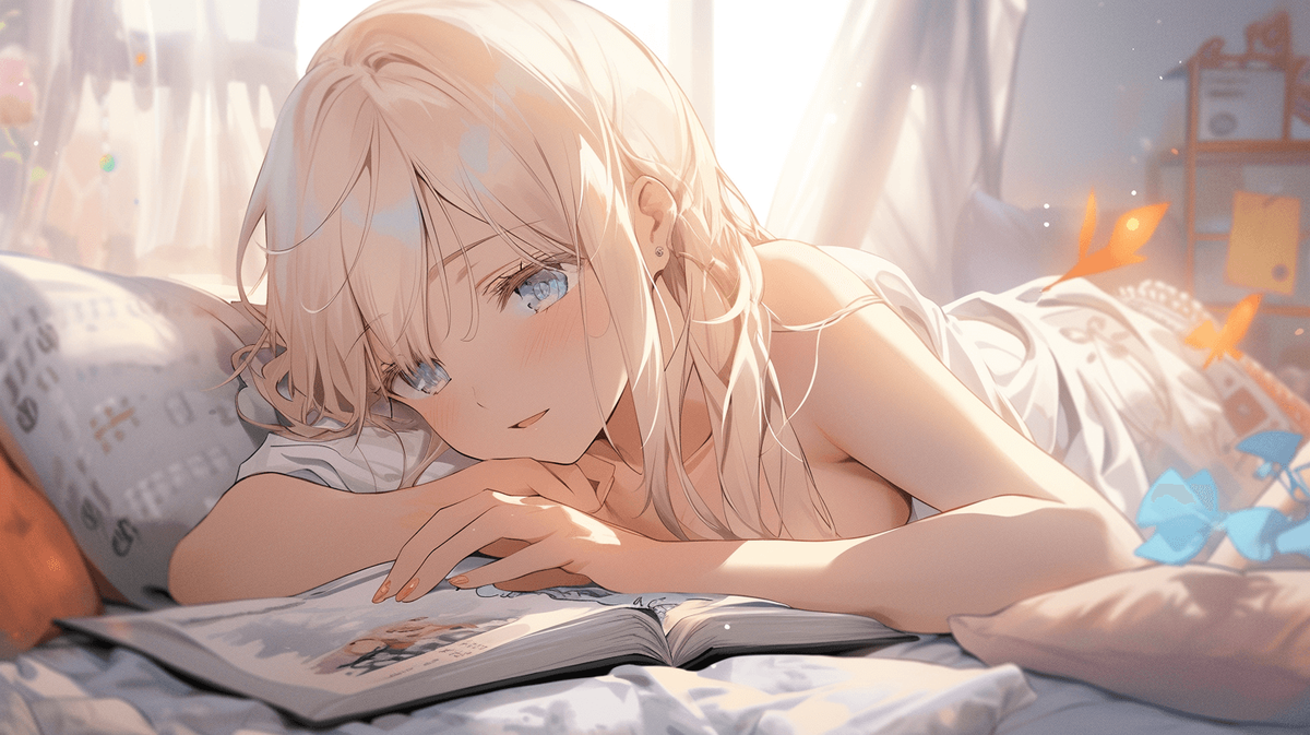 本を読んでいる金髪ロングヘアの女の子