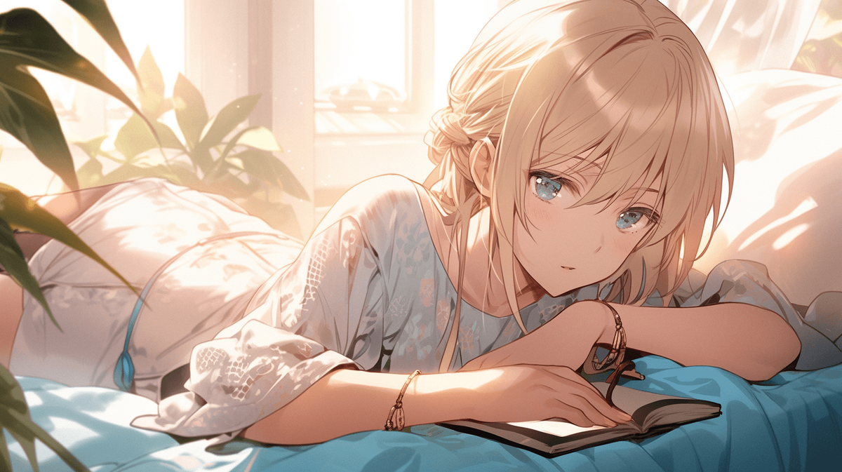 本を読んでいる金髪ロングヘアの女の子