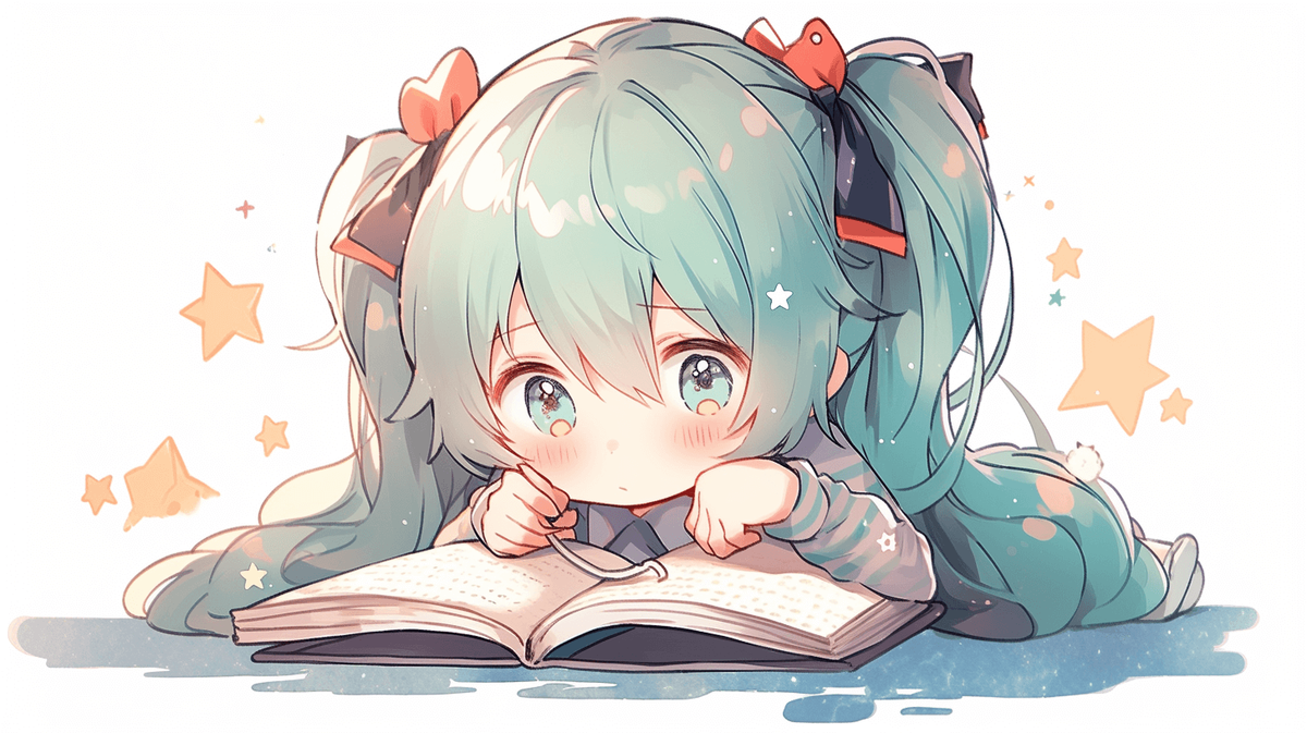本を読んでいるちびキャラの女の子