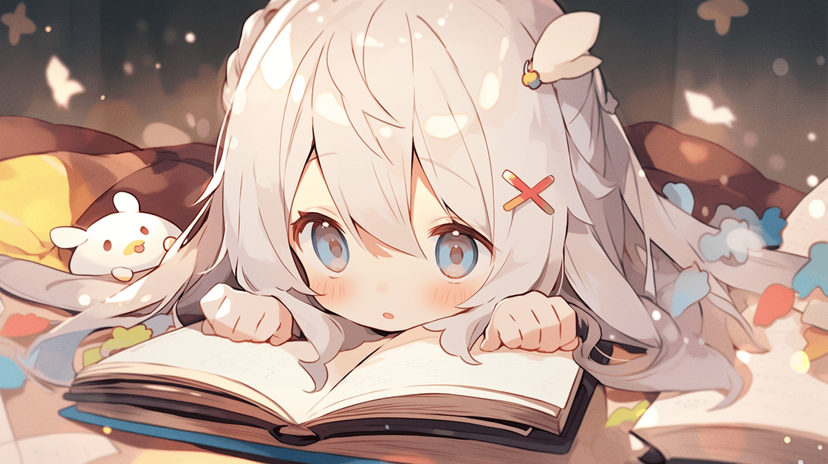 本を読んでいるちびキャラの女の子