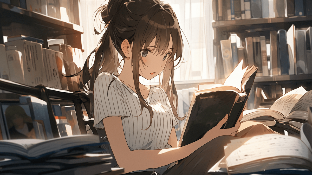 本を読んでいる黒髪ポニーテールの女の子