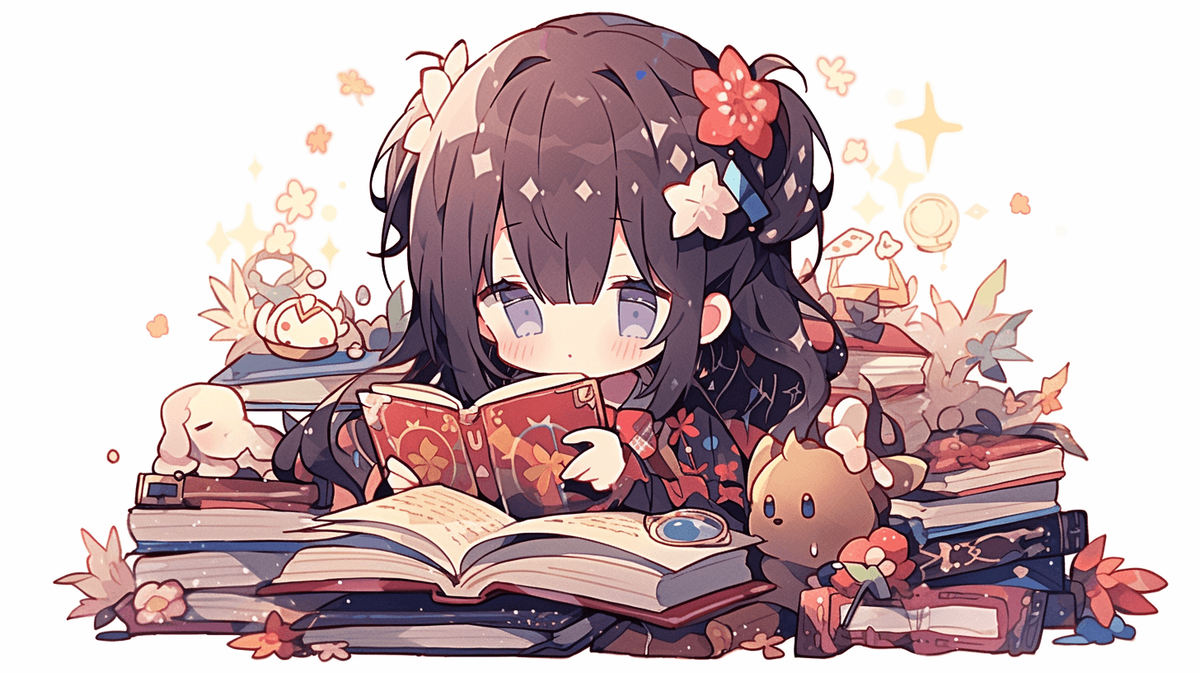本を読んでいるちびキャラの女の子