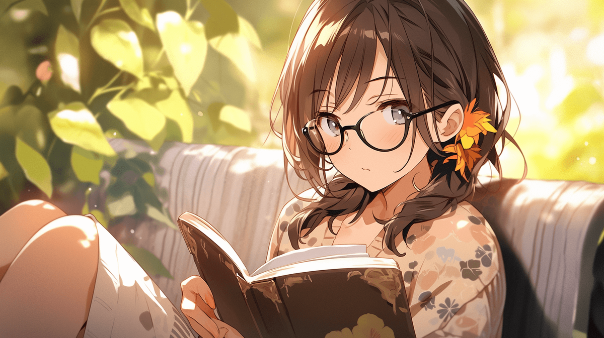 本を読んでいるメガネをかけた女の子