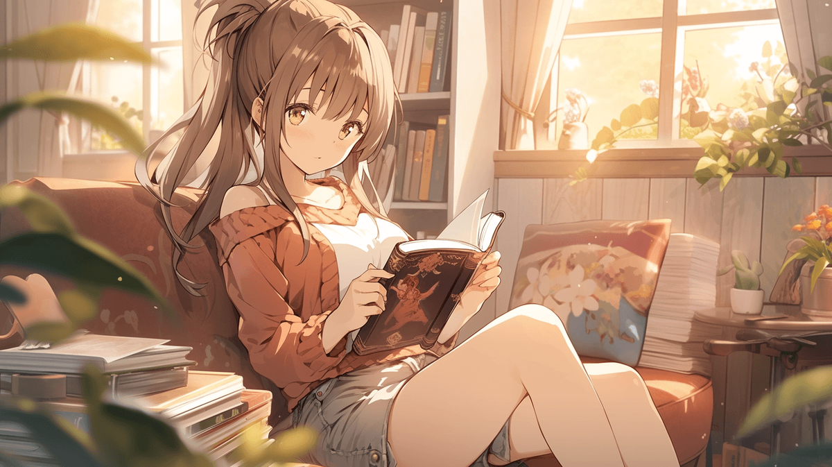 本を読んでいるポニーテールの女の子