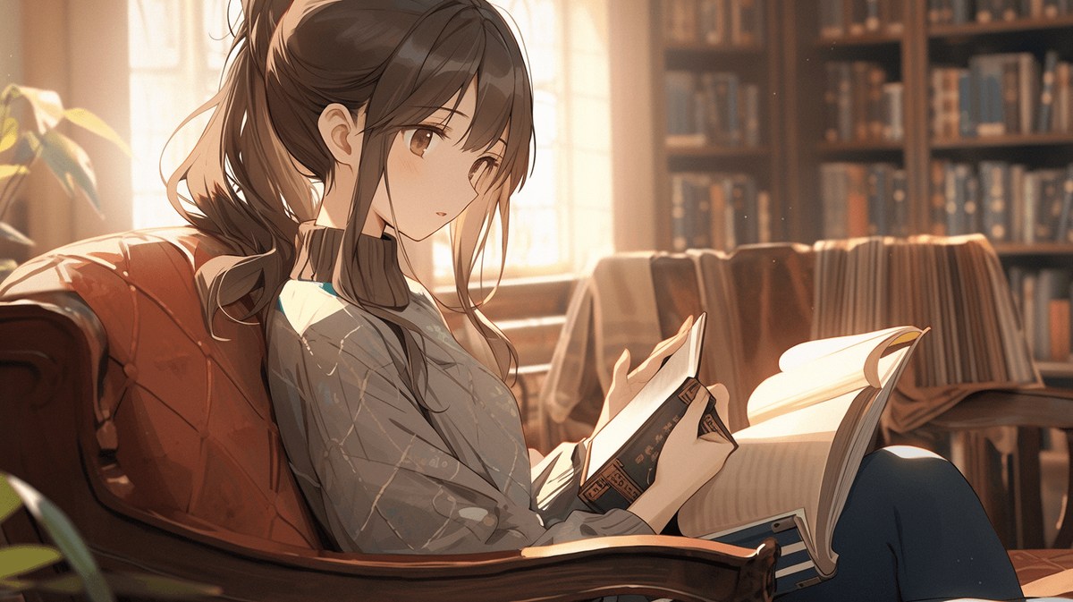 本を読んでいるポニーテールの女の子