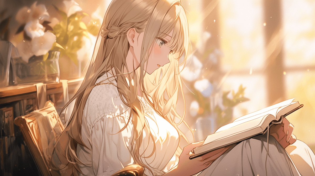 本を読んでいる金髪ロングヘアの女の子