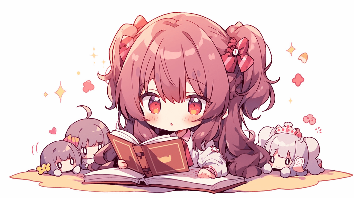 本を読んでいるちびキャラの女の子