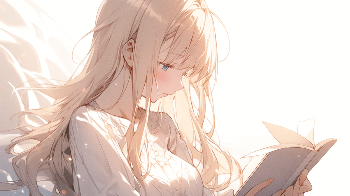 本を読んでいる金髪ロングヘアの女の子