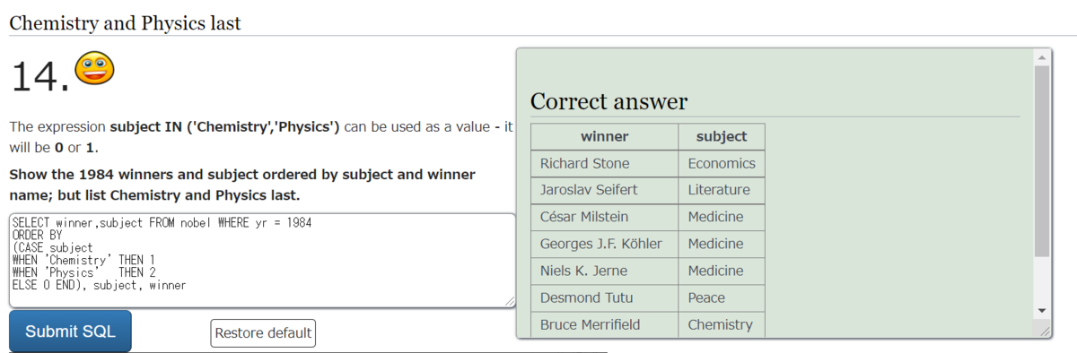 【SQL練習】【SQLZOO】 3 SELECT from Nobel - ろくろ猫のブログ