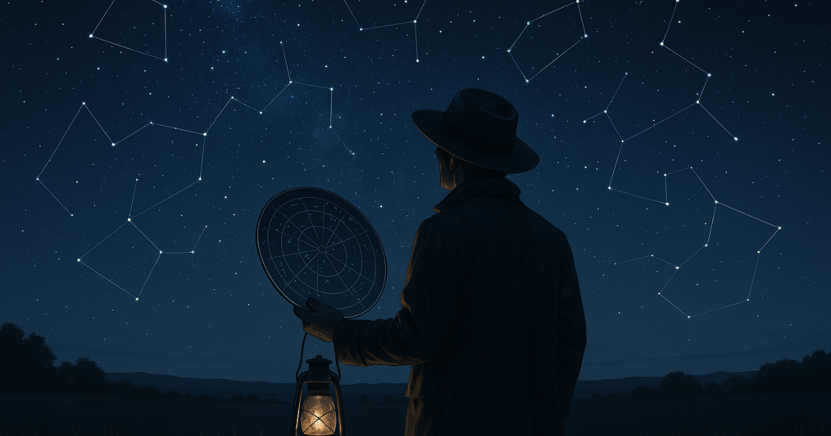 星空早見盤を片手に、草原の中で星空を見上げる旅人の後ろ姿。夜の静けさの中に、星座の形が浮かび上がっている。