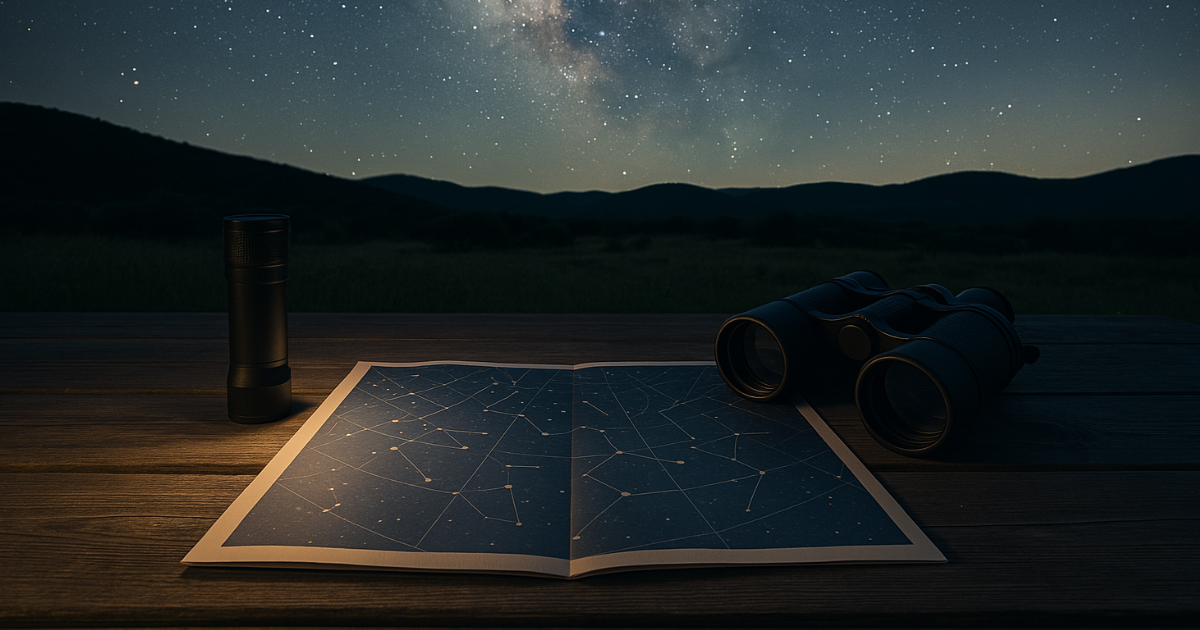 星空マップと観察ノートが並ぶテーブルの上。風の音が聞こえそうな夜、次の星空を探す準備が始まっている。