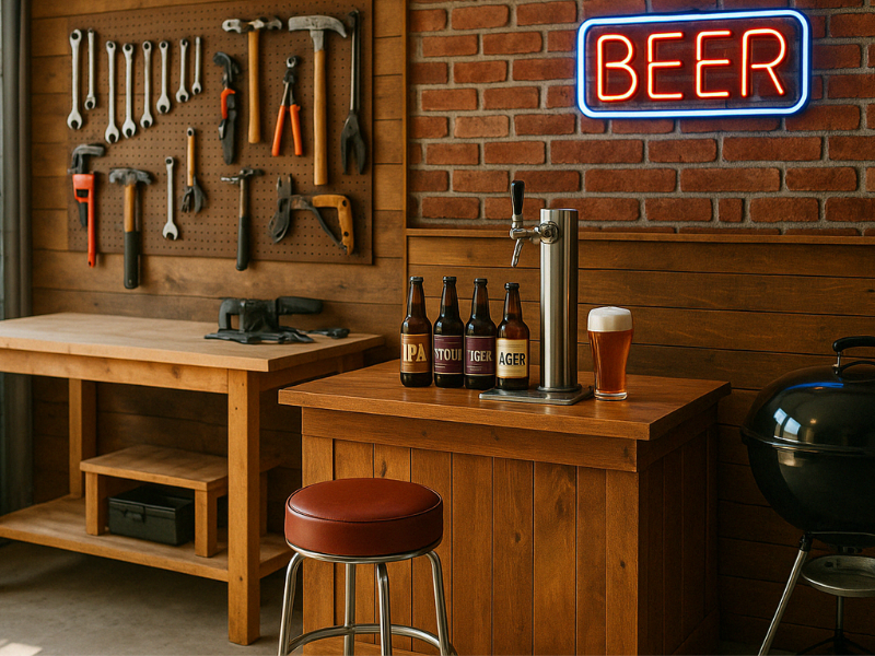ガレージ横のバーベキューグリルとテーブルの上のクラフトビール。午後の陽射しが映えるアメリカンBBQ風景