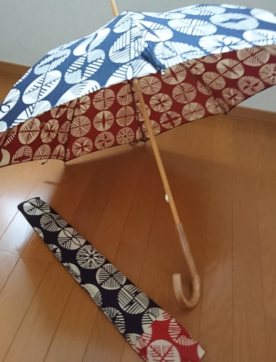 画像　傘紺色朱色綿100％