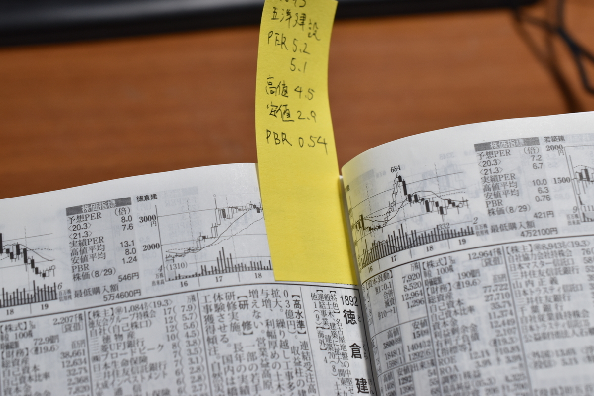 付箋を四季報に貼り付ける