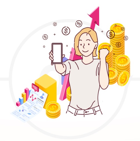 スマホを手に笑顔を浮かべる女性のイラスト画像