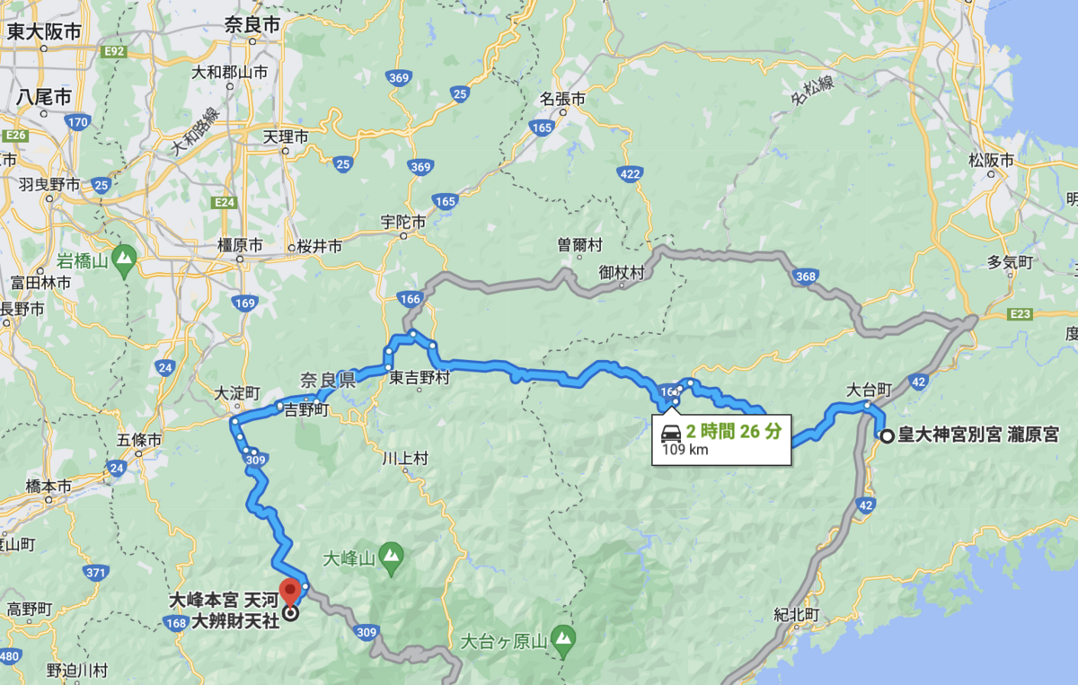 天河大弁財天社から瀧原宮のMAP