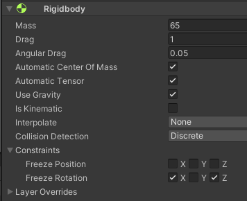 Mass=65, Drag=1, Freez RotationのXとYにチェック