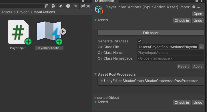 作成したInput Action Assetをクリックし、InspectorからGenetate C# Classボタンを押してC#クラスを作成。
