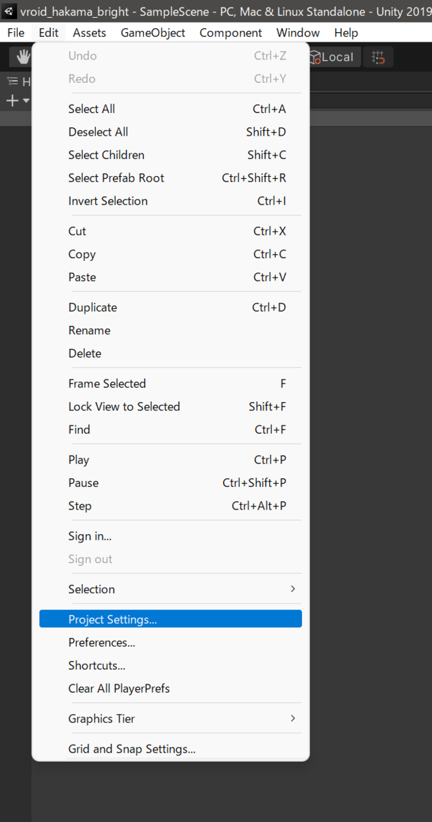 EditメニューからProject Settingsを選択する画像