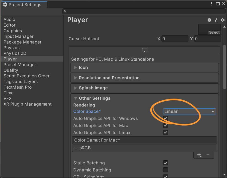 Project SettingsのPlayerタブからColor SpaceをLinearにする画面