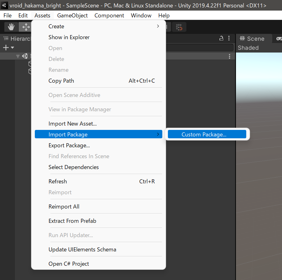 AssetsメニューからImport Package &gt; Custom Packageを選択する画面