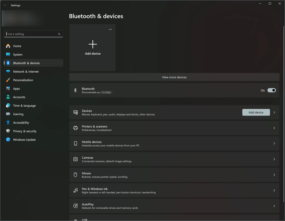 「設定」アプリの「Bluetoothとデバイス」の画面のスクリーンショット。画面上部には接続済みのデバイスが表示されるが、この画面では全て消えてしまっている。(事象発生時のスクショを撮り忘れたので、合成して作りました。)