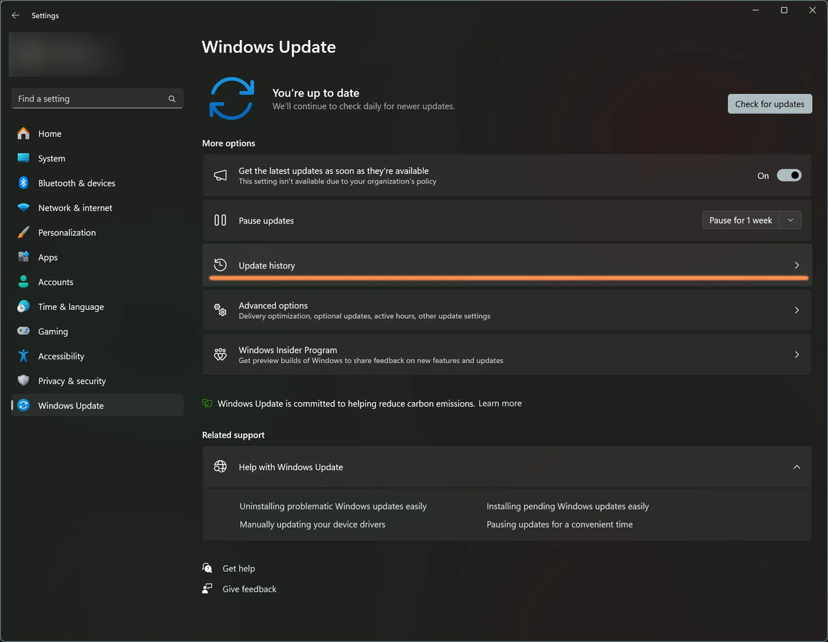 「設定」アプリの「Windows Update」を選択している画面