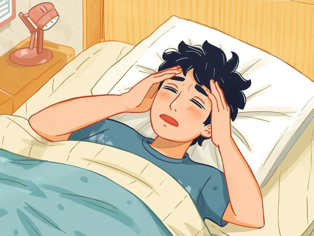 ベッドに横たわり、両手で頭を抱えて頭痛に苦しむ男性のイラスト。