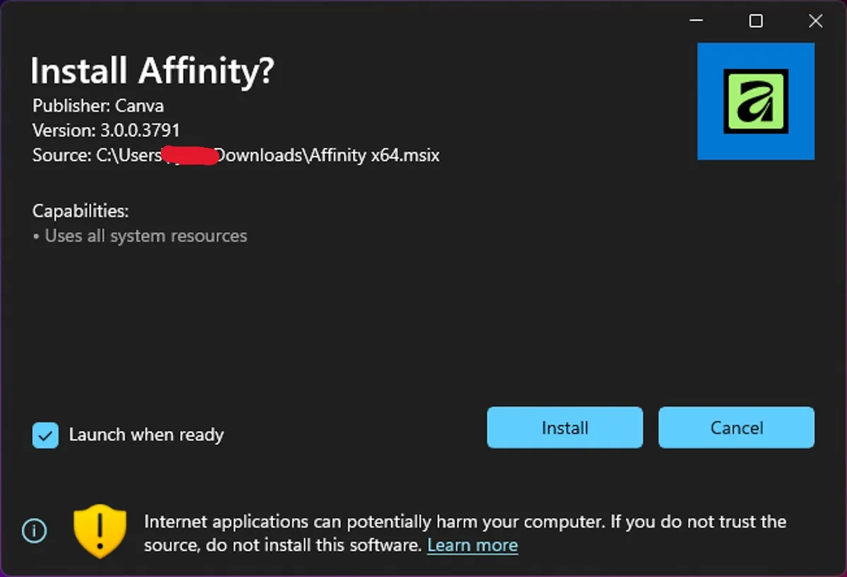 Windows版Affinityのインストール確認画面、PublisherがCanvaと表示