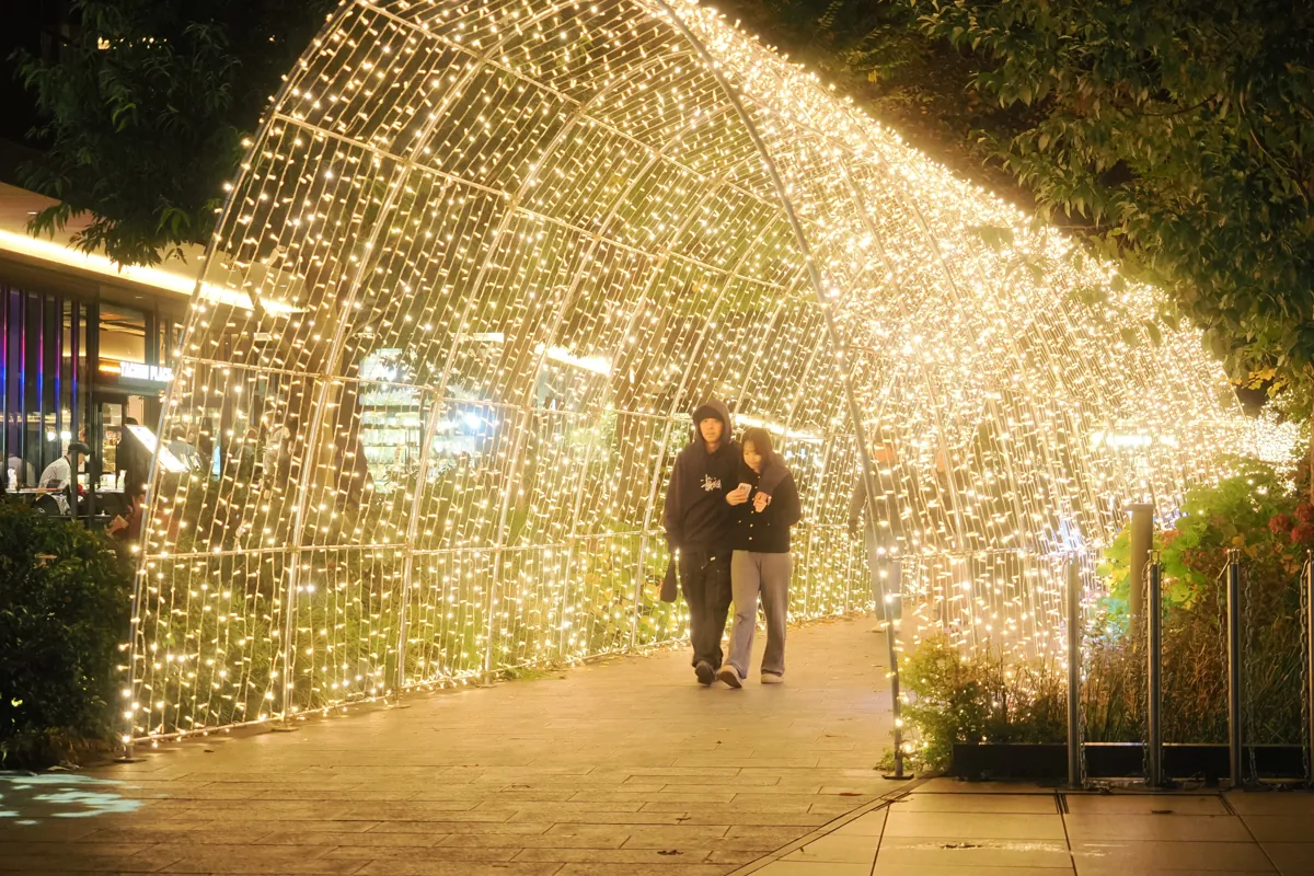立川イルミネーションの光のトンネルの中を歩くカップルの後ろ姿。