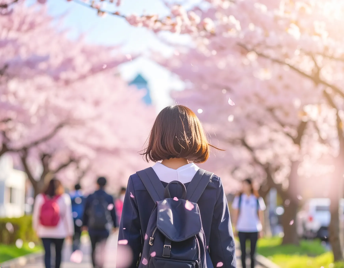 桜並木を歩くショートボブの女子高生の後ろ姿。背景には友人がぼけて写り、淡いピンクの桜の花びらが舞い、逆光で幻想的な雰囲気。