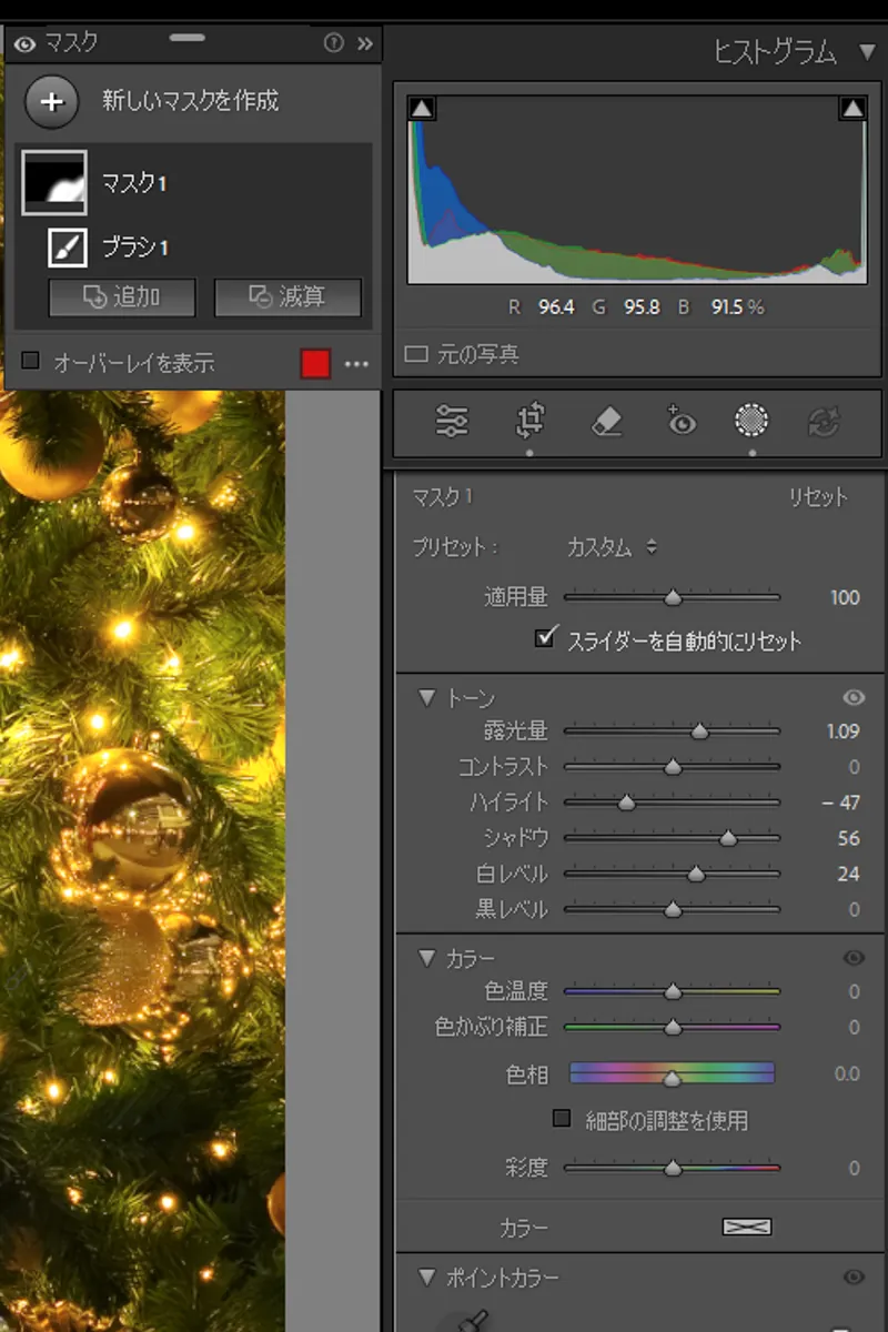 Lightroom Classicのマスクパネル詳細。露光量、ハイライト、シャドウ、白レベルのスライダーが調整されているクローズアップ画像