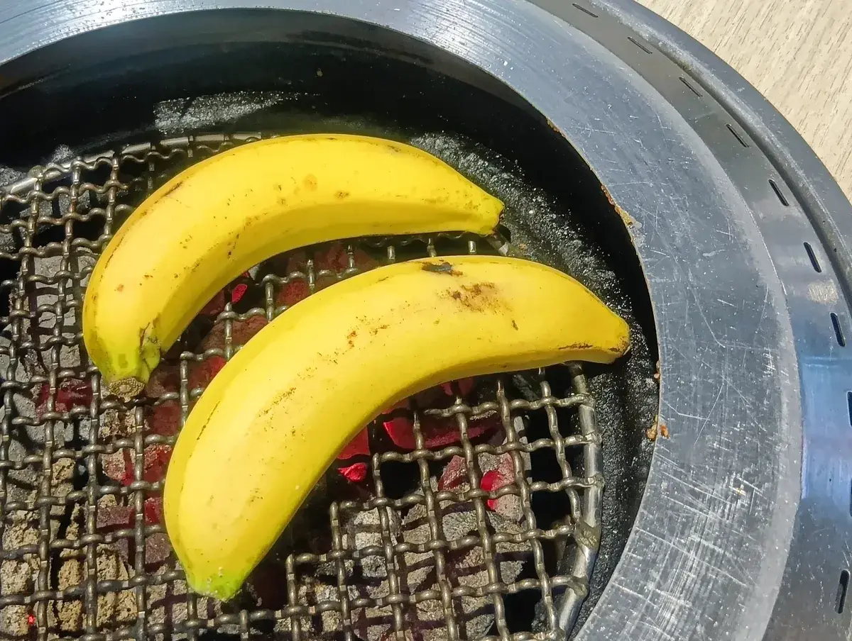 網の上で真っ黒に焼かれる2本のバナナ