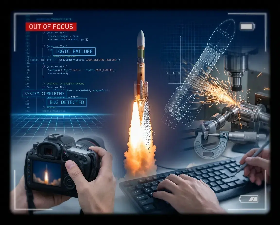 宇宙センターから打ち上げられるロケットの外観。複雑なシステムが組み合わさった機体と、技術の継続性を象徴する青空のコントラスト
