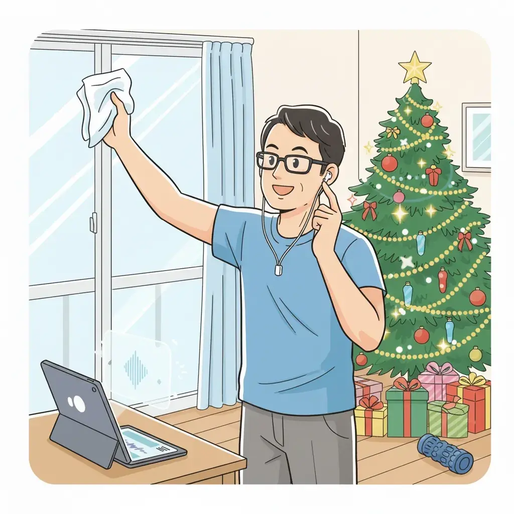 大掃除中にワイヤレスイヤホンで音声学習をしながら窓拭きをする40代男性。背景にはクリスマスツリーがあり、手前にはフォームローラーが置かれている。